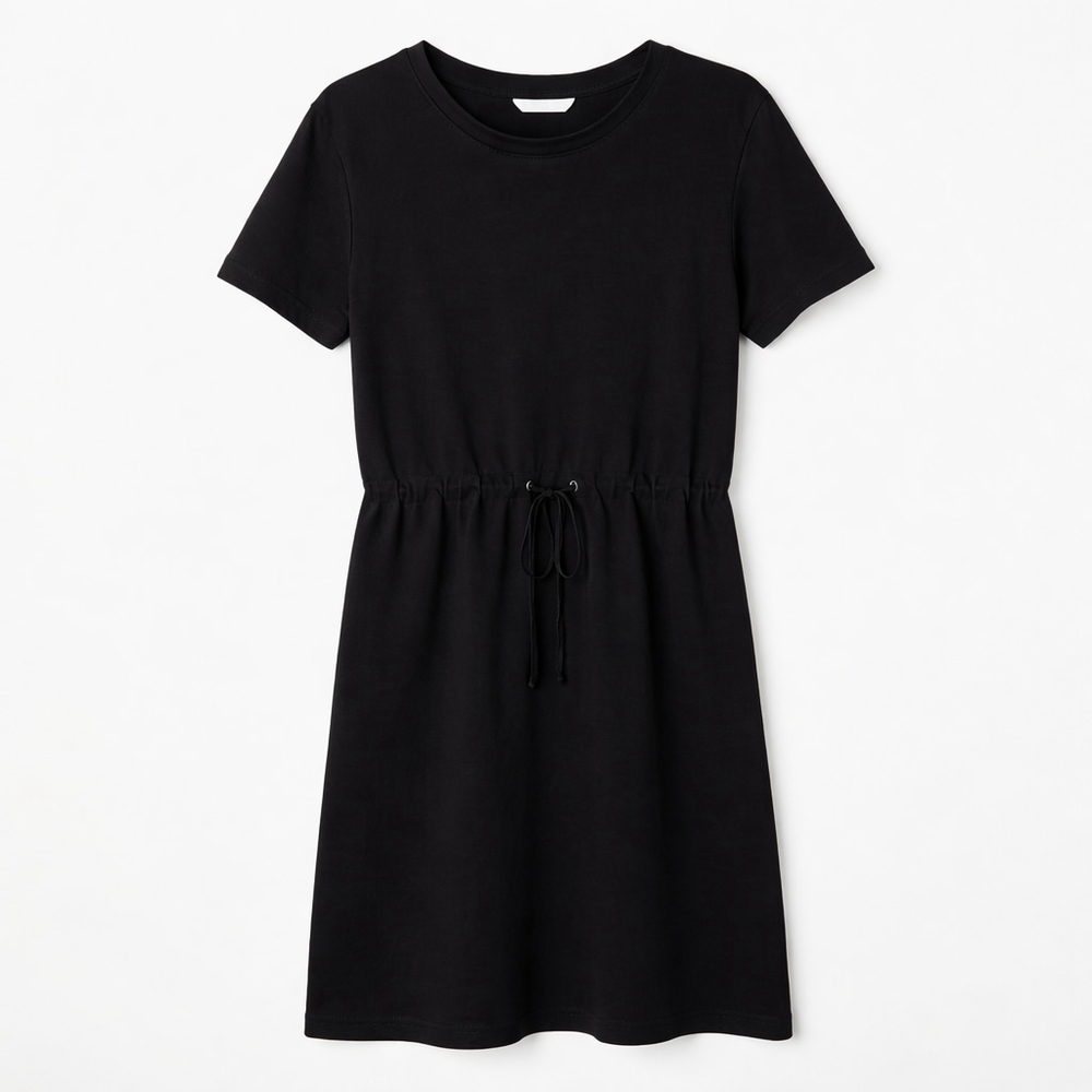 H&M Short-sleeved black dress soft jersey drawstring waist Sz M Classic